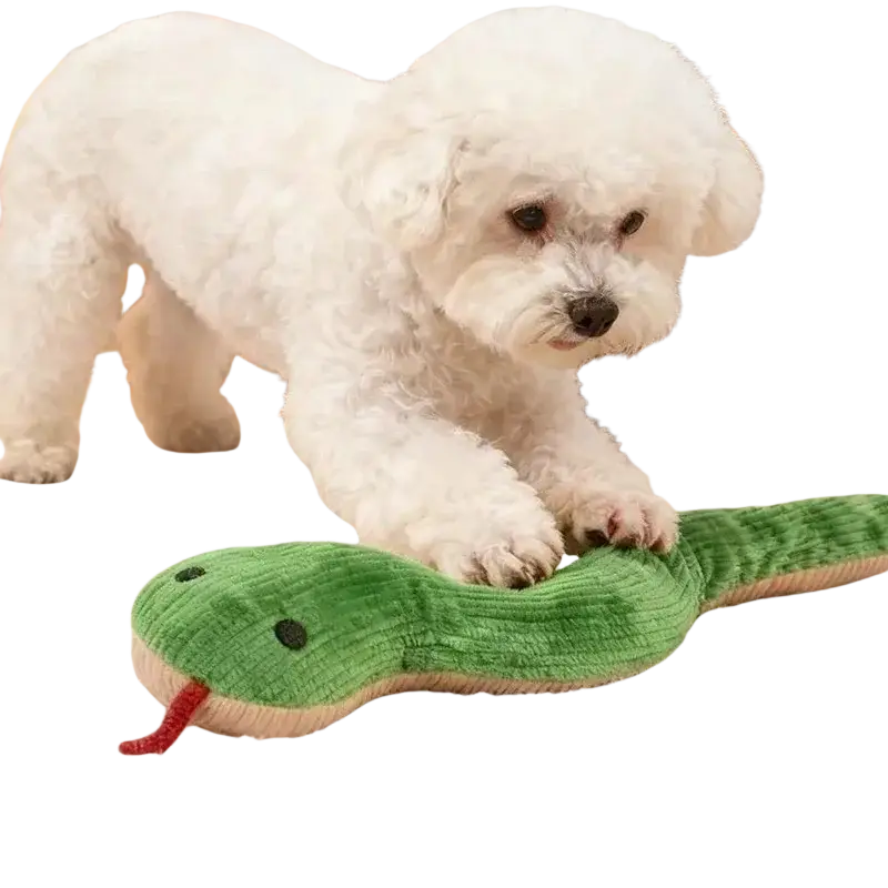 Green corduroy snake dog toy plush pet toy with black eyes and red tongue designed as soft toys type for pets