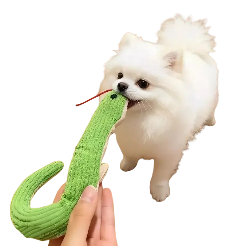 A plush green corduroy snake dog toy with red tongue and black eye held by a hand for durable toys type