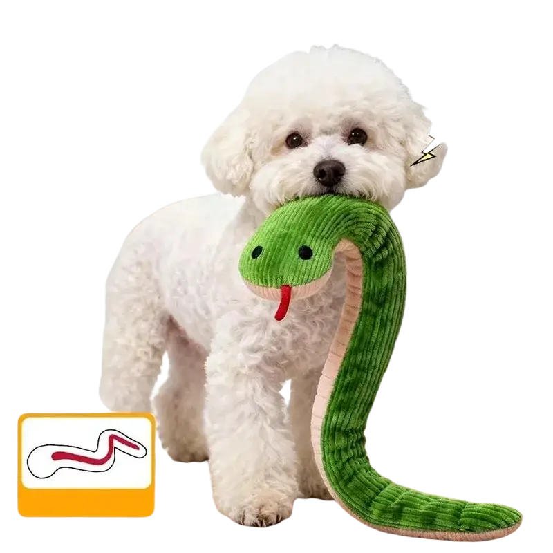 Green corduroy snake dog toy plush pet toy with black eyes and a red tongue, a soft toy type for pets