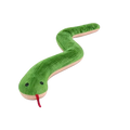 A plush corduroy snake dog toy with green body, pink underbelly, black eyes, and red tongue for pet play