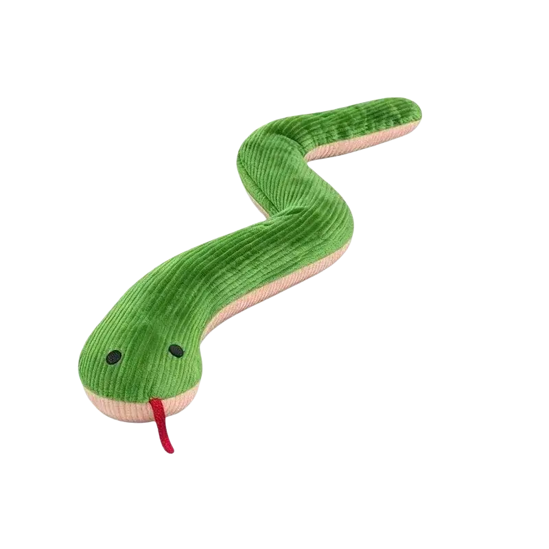 A plush corduroy snake dog toy with green body, pink underbelly, black eyes, and red tongue for pet play