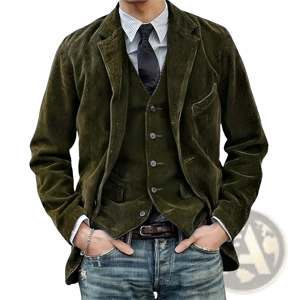 Olive green corduroy blazer for men with classic fit and buttoned front in minimalist retro casual style