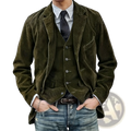 Olive green corduroy blazer for men with classic fit and buttoned front in minimalist retro casual style