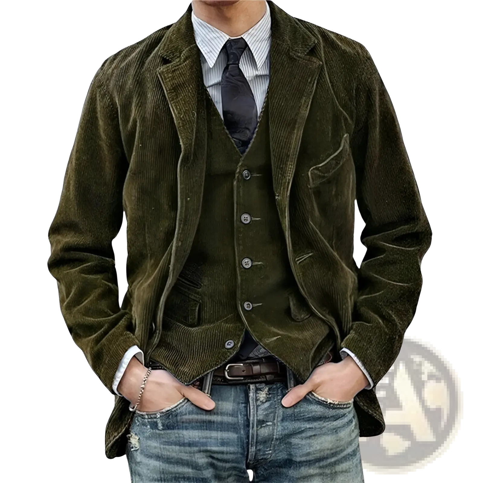 Olive green corduroy blazer for men with classic fit and buttoned front in minimalist retro casual style