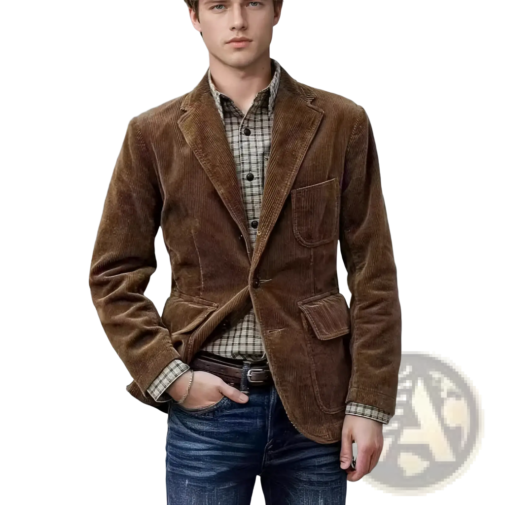 Brown corduroy blazer with plaid shirt underneath showcasing a minimalist retro casual style for men