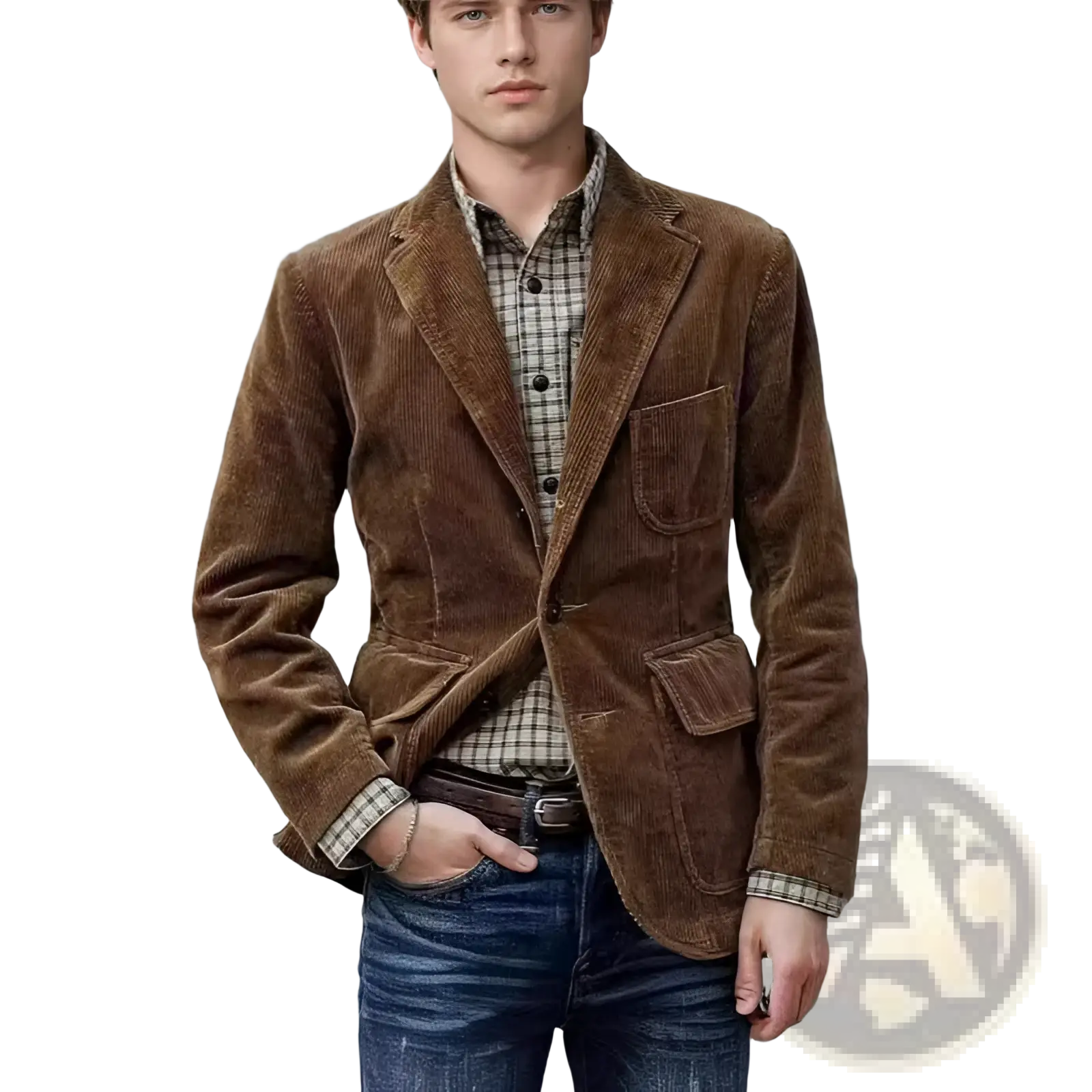 Brown corduroy blazer with plaid shirt underneath showcasing a minimalist retro casual style for men