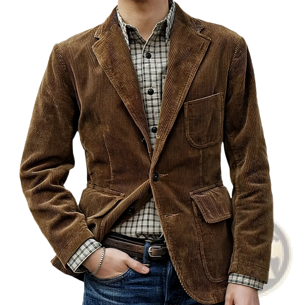 Brown corduroy double-breasted blazer with classic plaid shirt for minimalist retro casual menswear