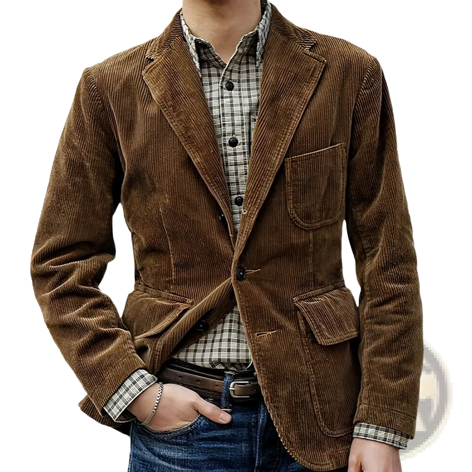 Brown corduroy double-breasted blazer with classic plaid shirt for minimalist retro casual menswear