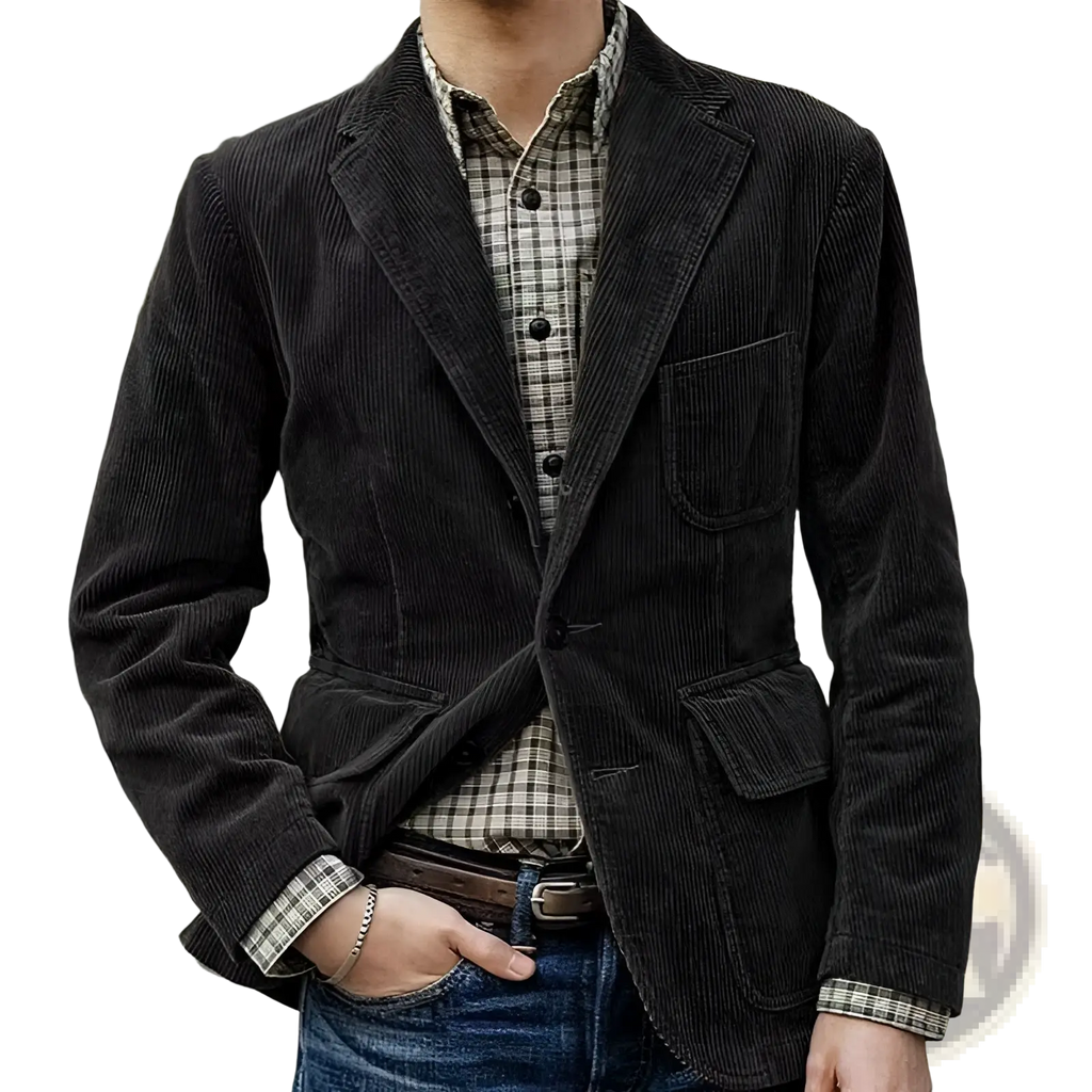 Dark gray corduroy blazer for men with classic double-breasted design and buttoned front minimalist retro style