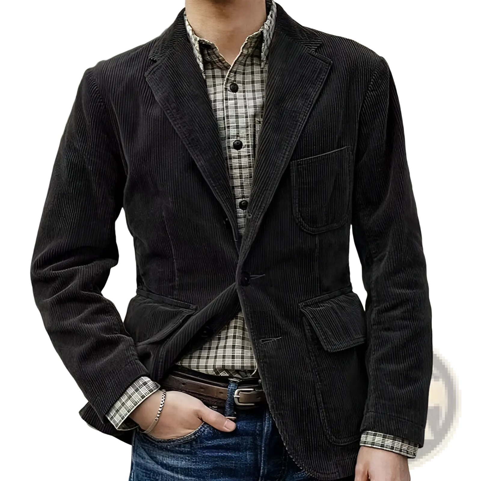 Dark gray corduroy blazer for men with classic double-breasted design and buttoned front minimalist retro style