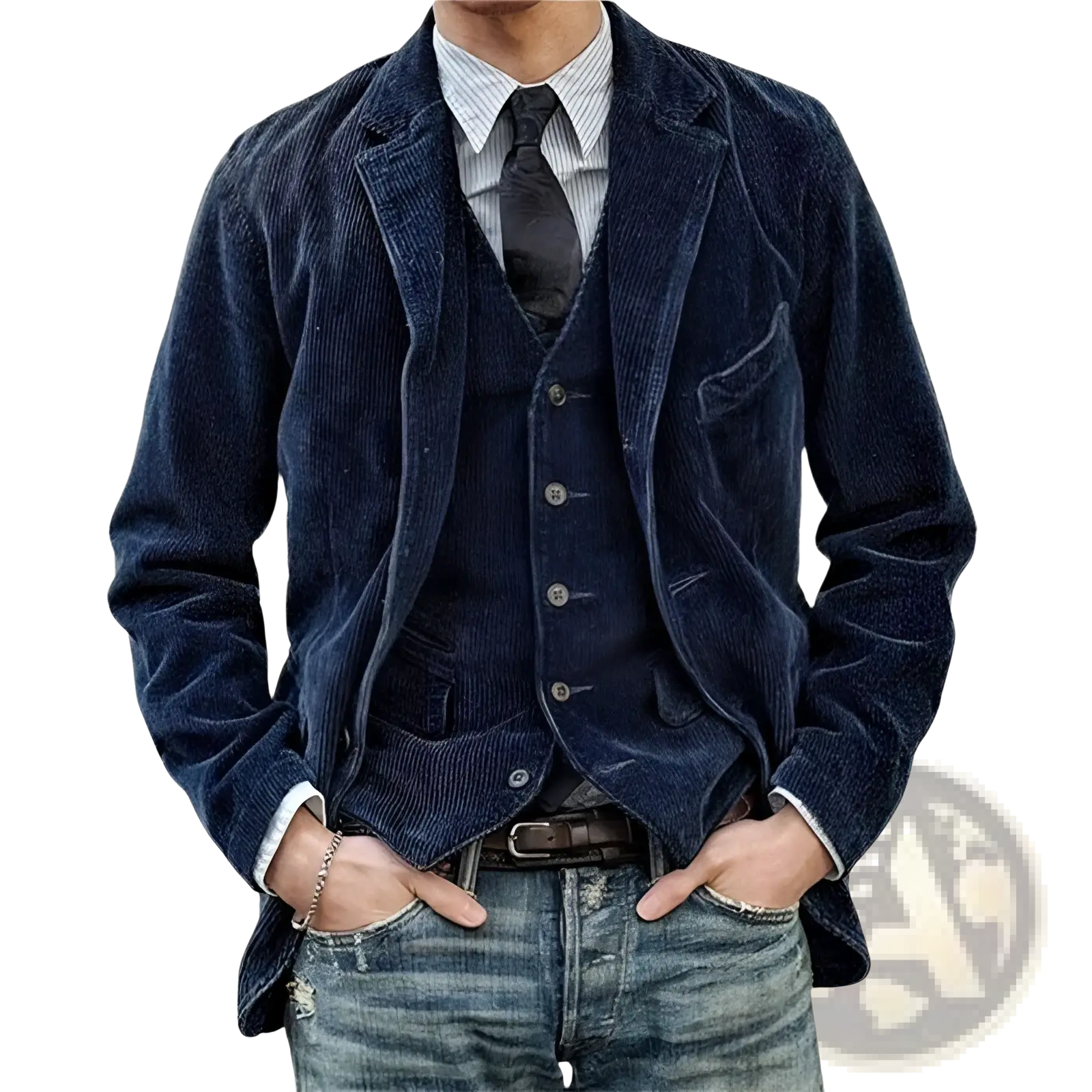 Dark blue corduroy blazer with classic fit and buttoned front for minimalist retro casual menswear