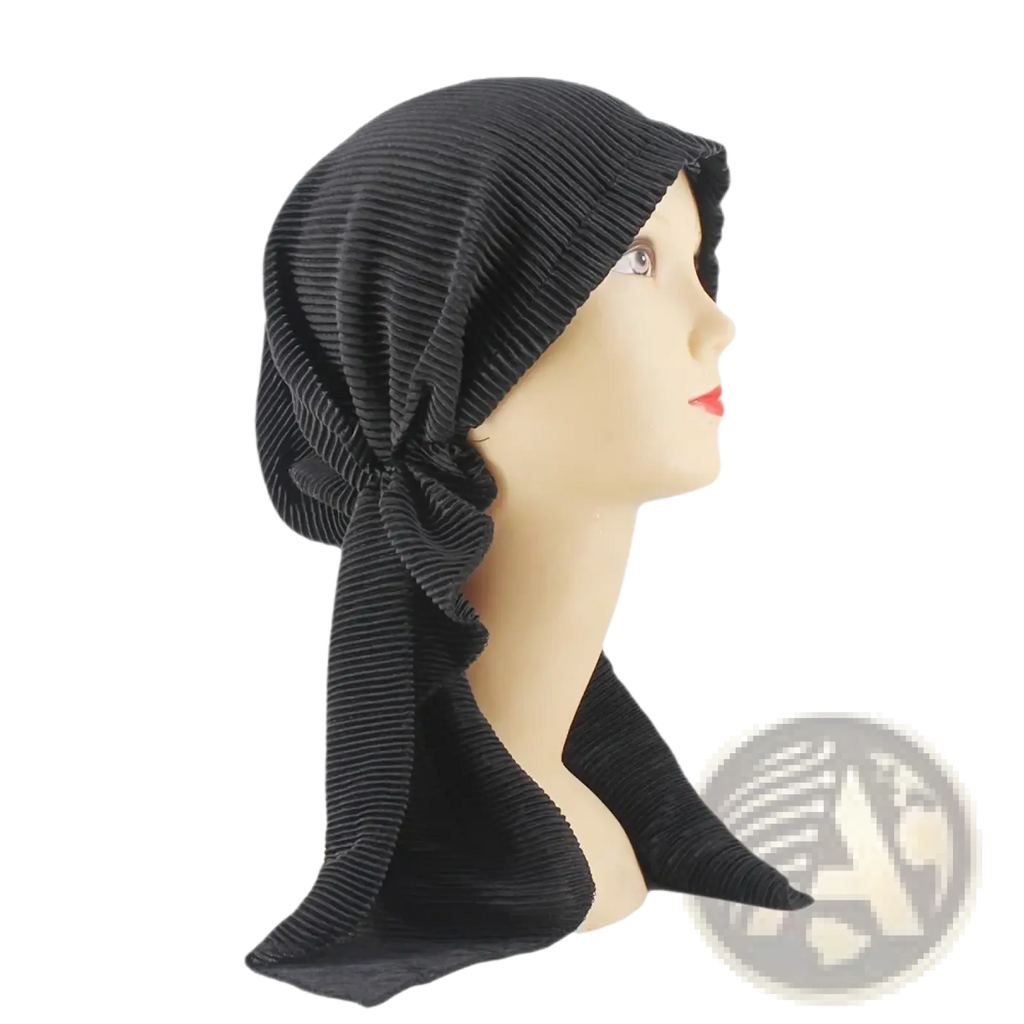 Black corduroy turban hijab hat for women with gathered knot front and flowing ties for stylish coverage