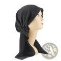 Black corduroy turban hijab hat for women with gathered knot front and flowing ties for stylish coverage