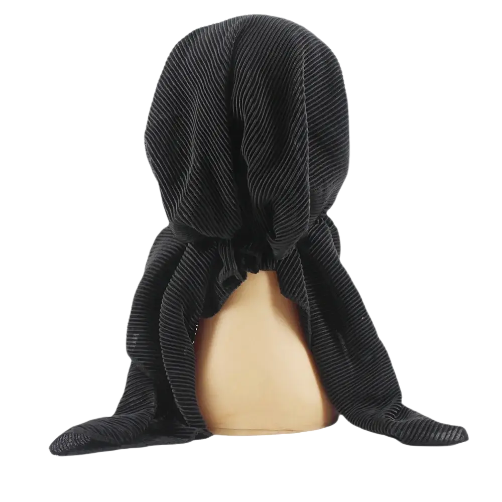 Black corduroy turban hijab hat for women with gathered hooded design for comfortable stylish wear