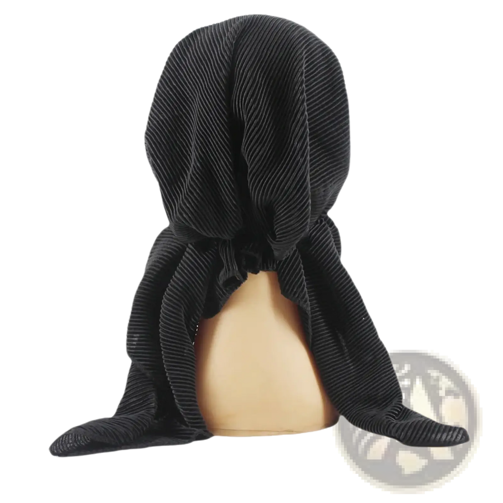 Black corduroy turban hijab hat for women with gathered hooded design for comfortable stylish wear