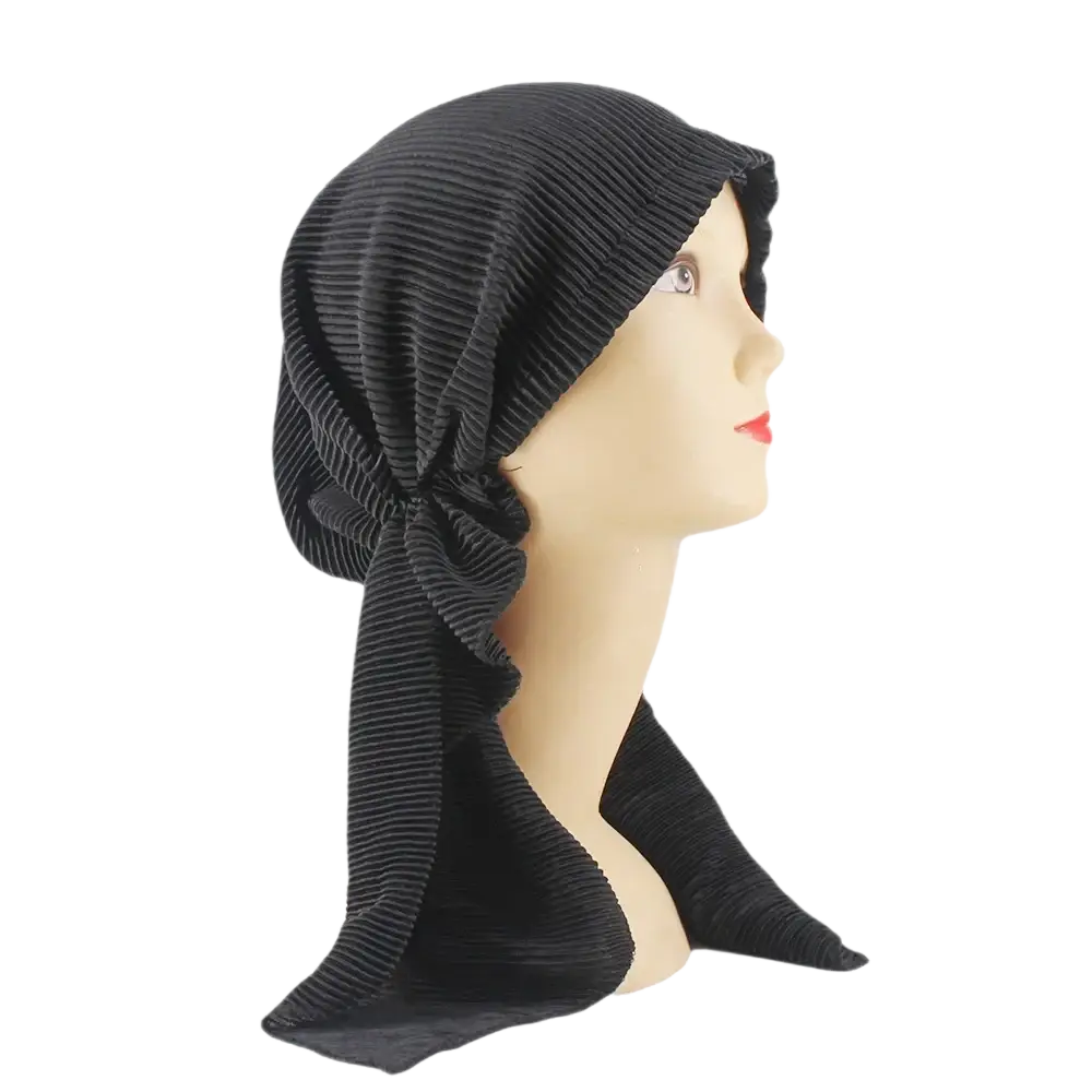 Black corduroy turban hijab hat for women with gathered knot at front and flowing ties made of soft fabric