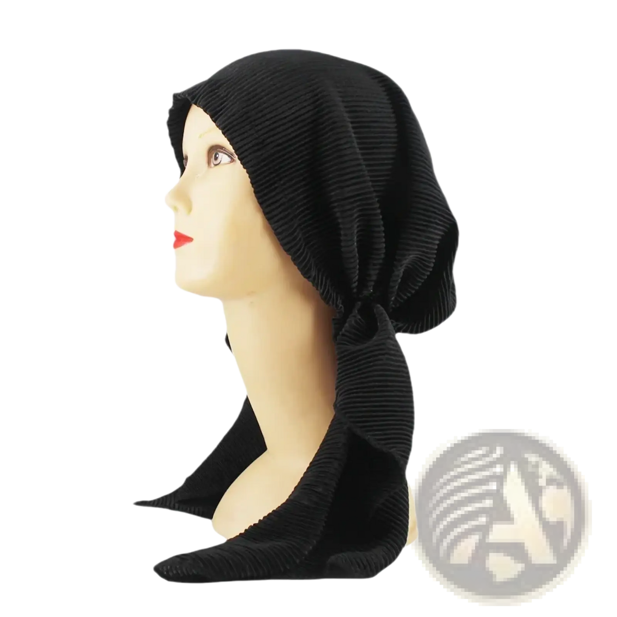 Black corduroy turban hijab hat for women showing gathered knot detail on the back side