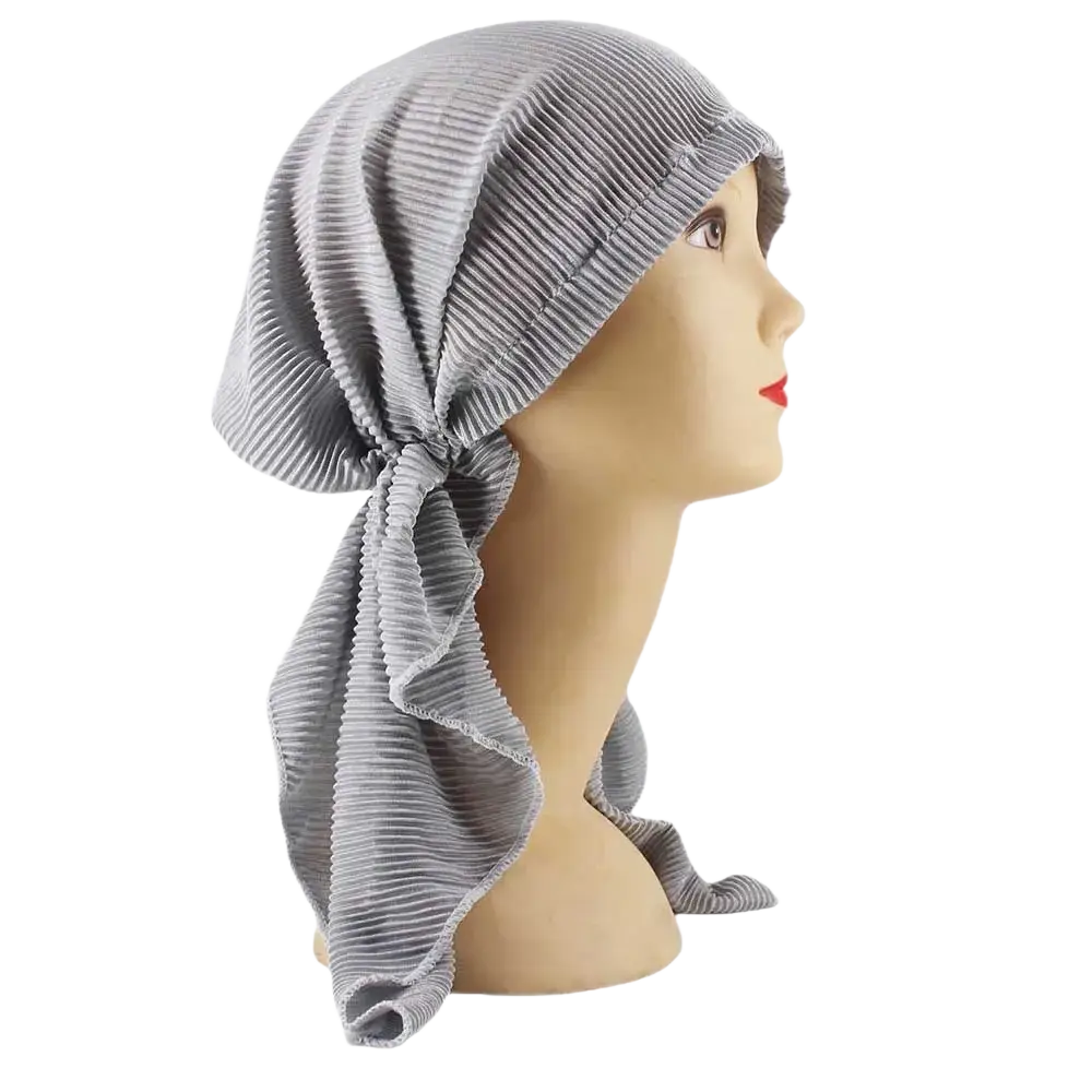 Gray corduroy turban hijab hat for women with soft ribbed texture and neatly tied knot at the back side