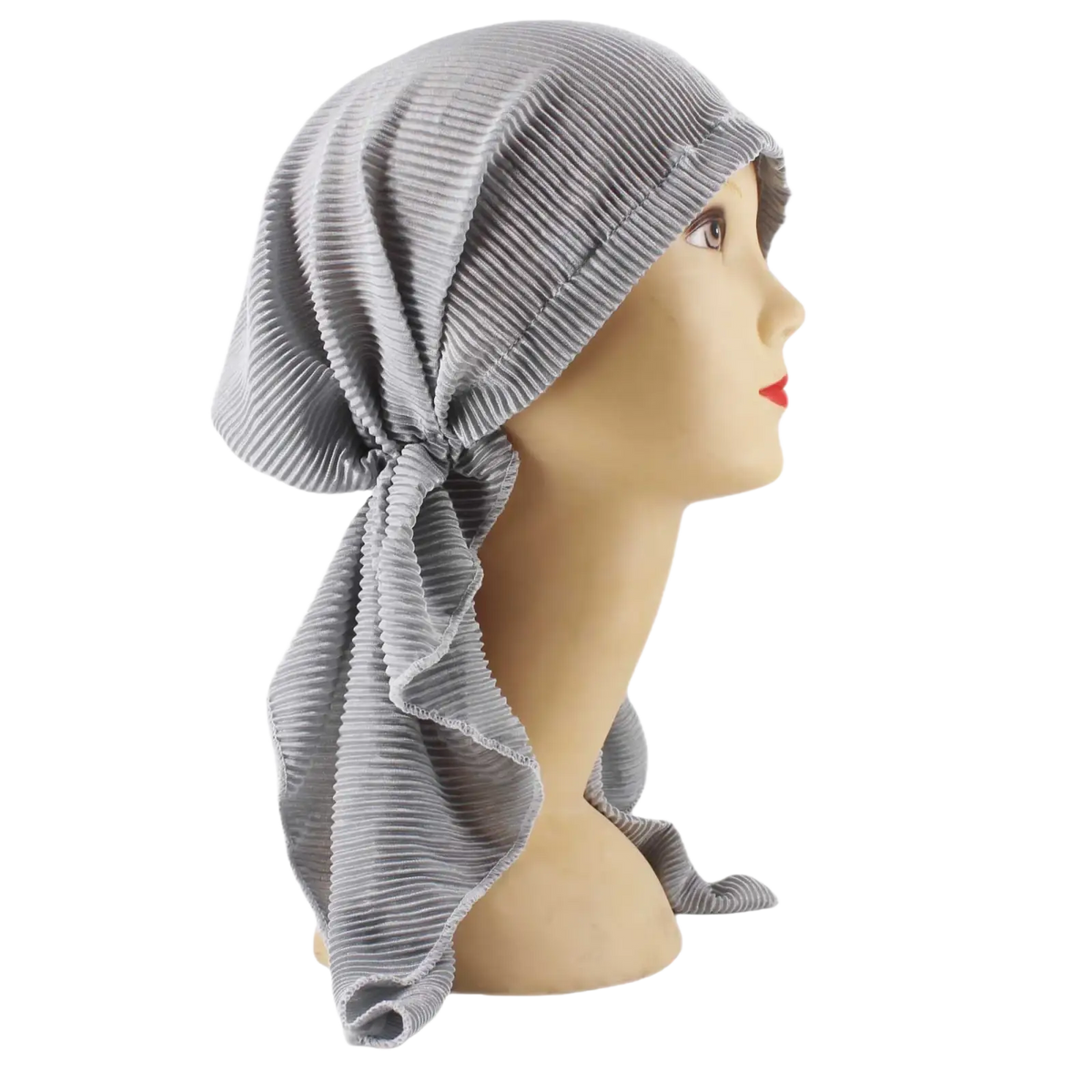 Gray corduroy turban hijab hat for women with soft ribbed texture tied back in a neat knot at the back