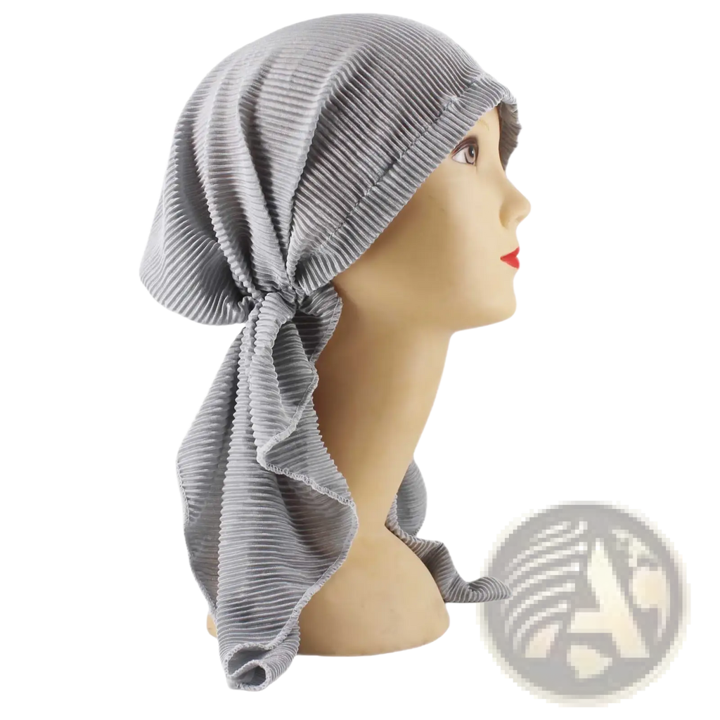 Gray corduroy turban hijab hat for women with soft ribbed texture tied back in a neat knot at the back