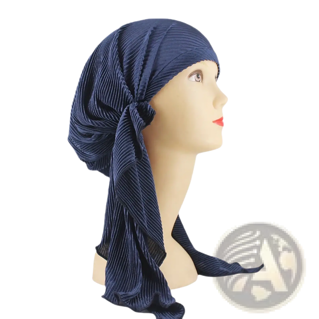 Navy blue pleated corduroy turban hijab hat for women with a side knot detail
