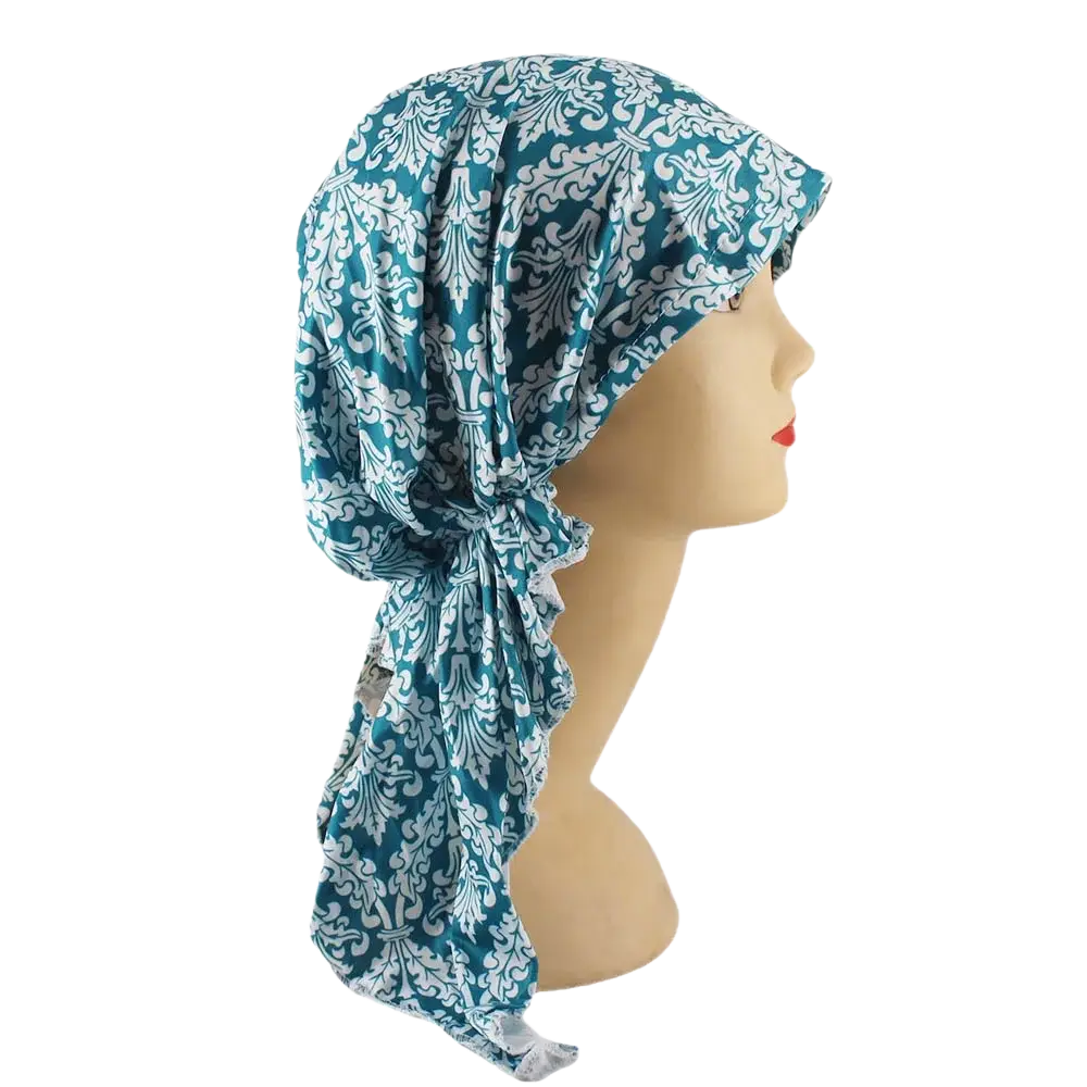 Teal and white damask corduroy turban hijab hat for women with ruffled ties made of fabric