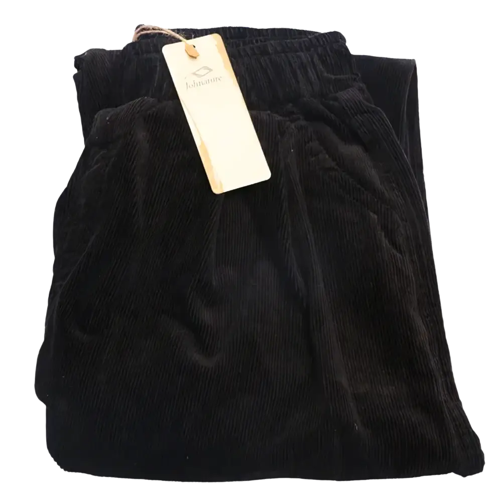 Black corduroy wide leg pants with elastic waist and soft ribbed texture shown in detailed images of pants length
