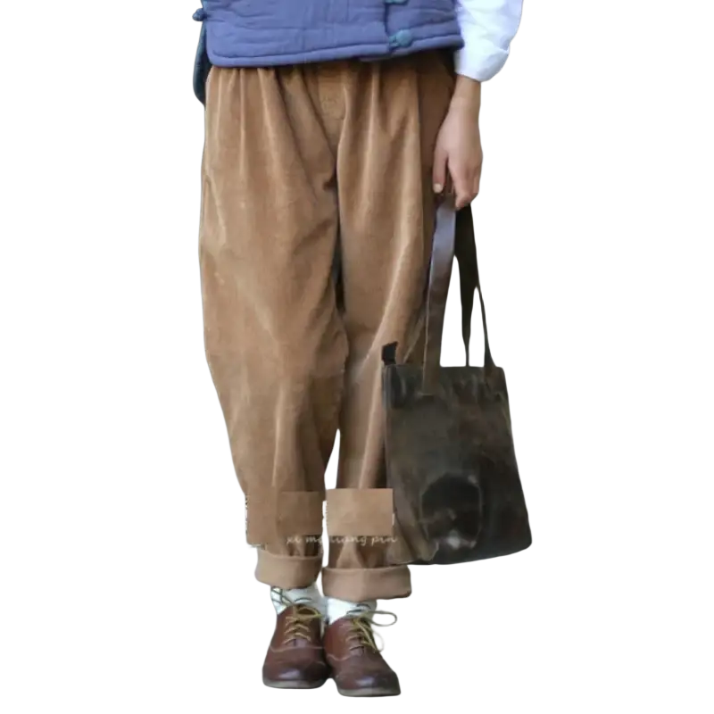 Brown corduroy wide leg pants with elastic waist and rolled cuffs showing pants length with detailed images