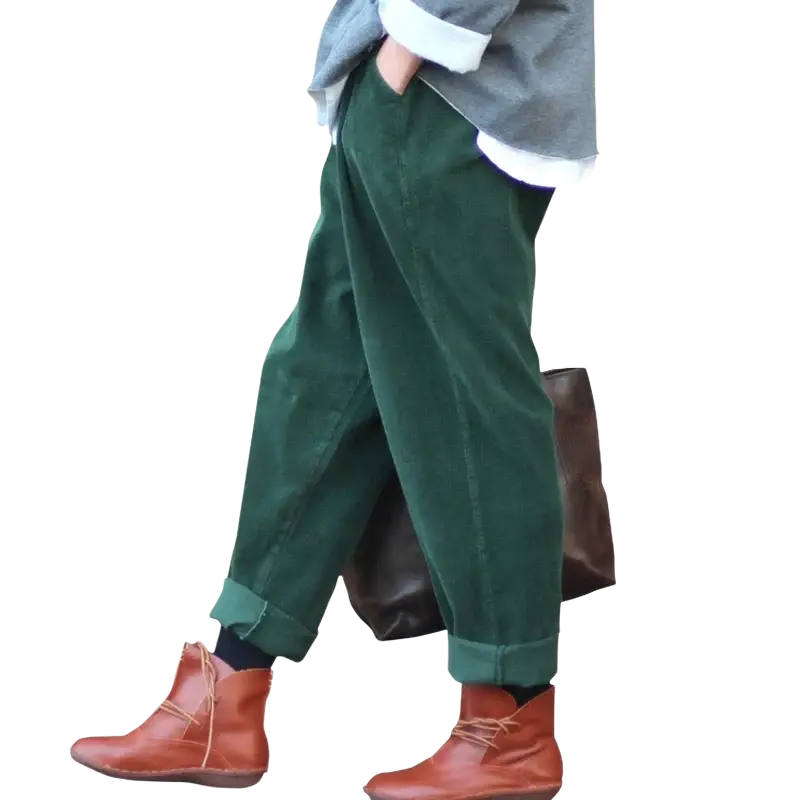 Dark green corduroy wide leg pants with elastic waist, rolled cuffs, and relaxed tapered fit shown in detailed images