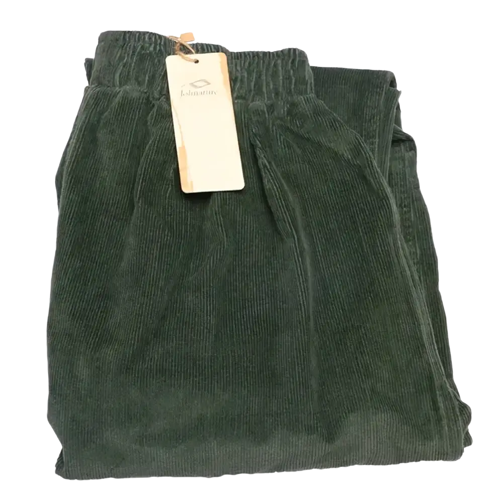 Dark green corduroy wide leg pants with elastic waist soft ribbed texture and loose fit shown in detailed images