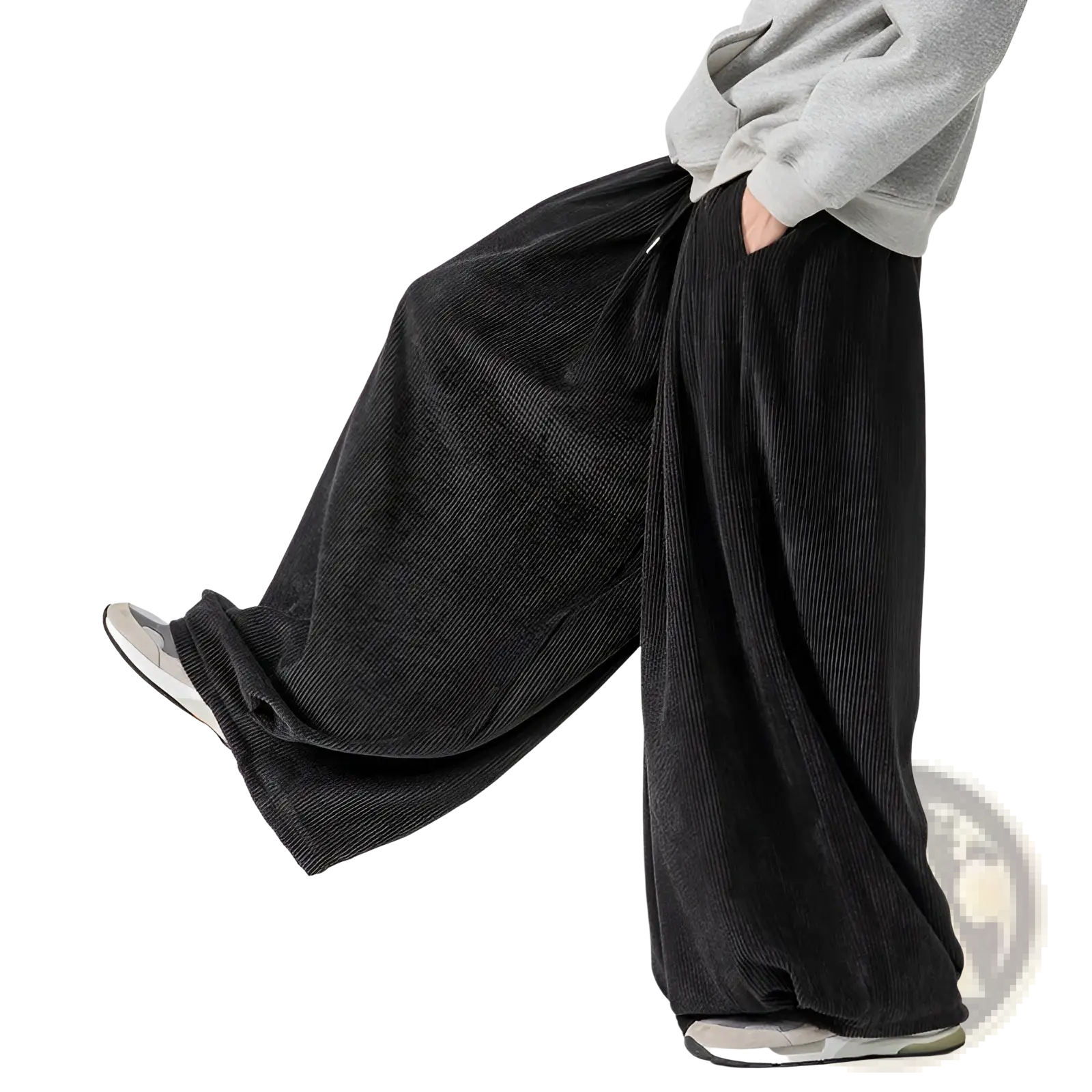 Black corduroy wide leg pants for men with a relaxed flowing silhouette for comfortable wear