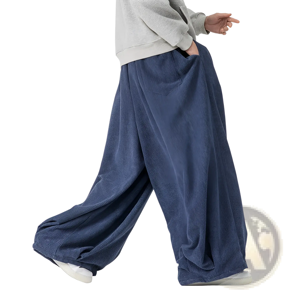 Deep blue corduroy wide leg pants for men featuring a relaxed flowing silhouette for comfortable wear