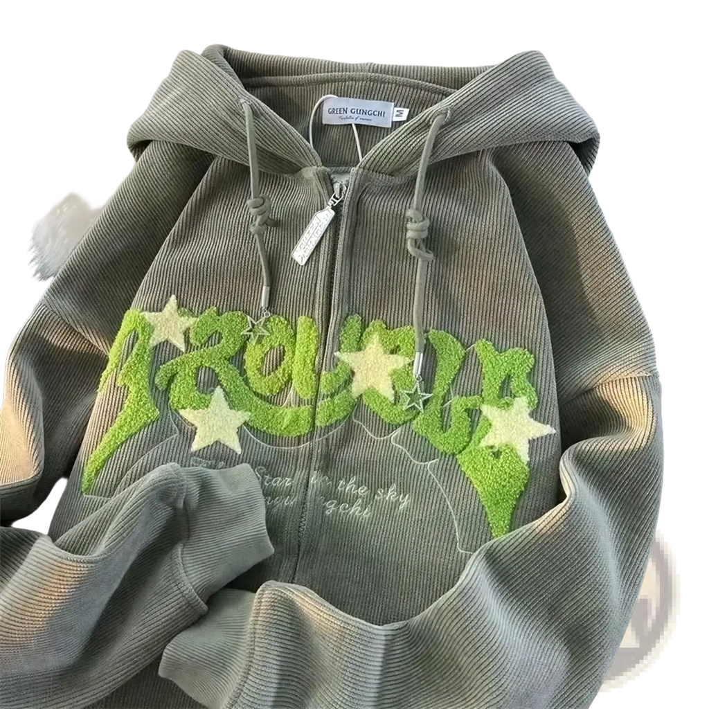 A gray corduroy zip-up hoodie with vibrant green and white embroidered star design on the front