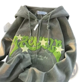A gray corduroy zip-up hoodie with vibrant green and white embroidered star design on the front