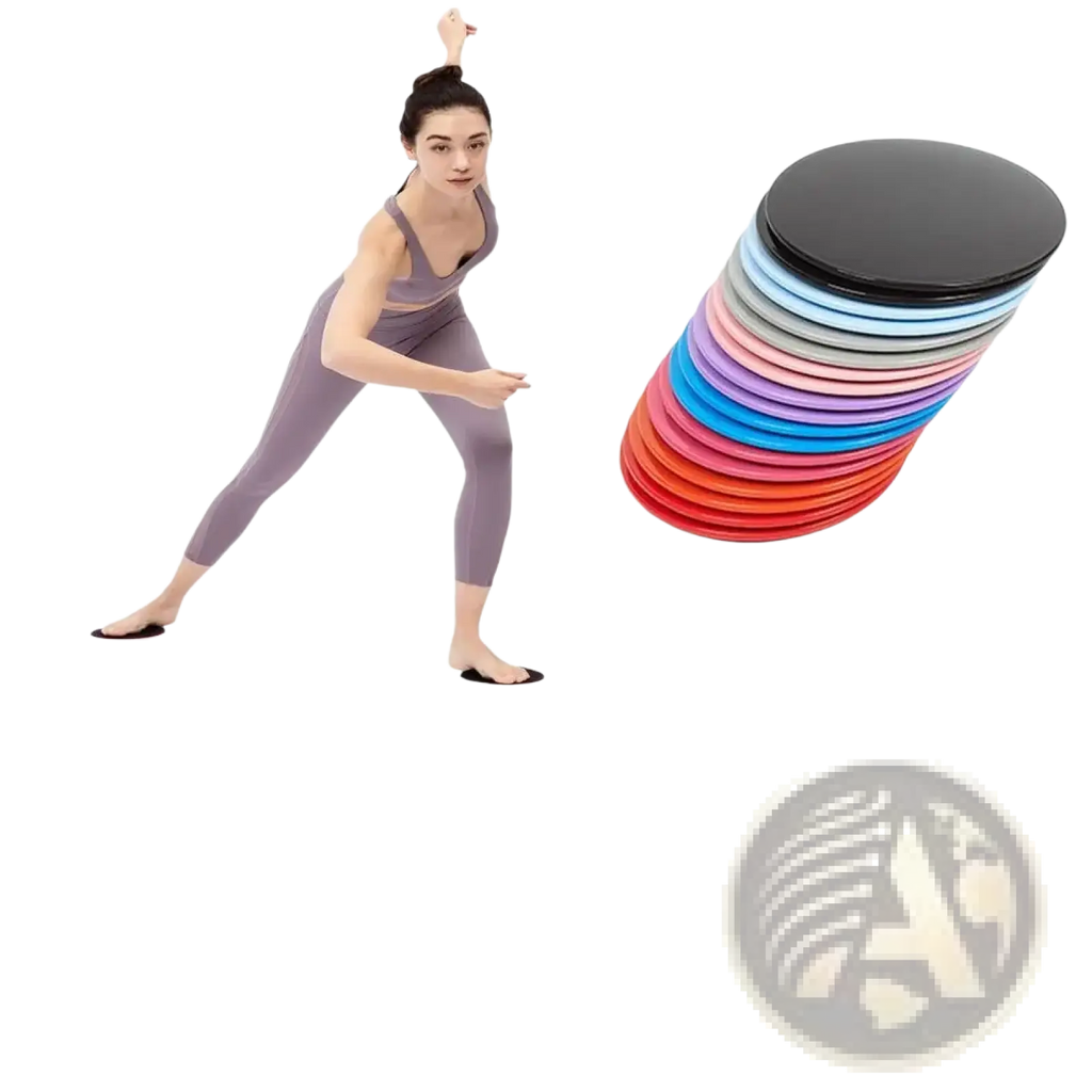 A stack of colorful core sliders fitness gliding discs including black blue pink and red for abdominal training
