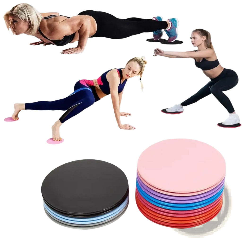 Stacked circular core sliders fitness gliding discs in pink black blue and purple for abdominal training