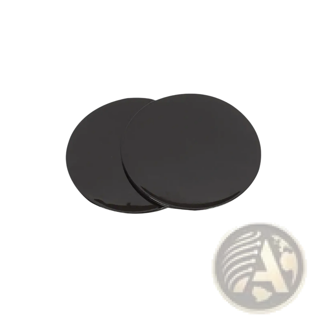 Two overlapping black glossy core sliders fitness gliding discs designed for abdominal training and workouts