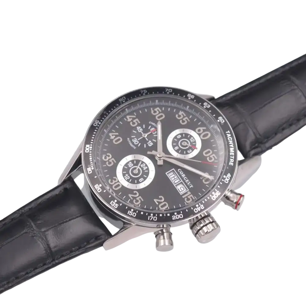Corgeut men automatic mechanical leather watch with black leather strap silver case and black dial tachymeter scale