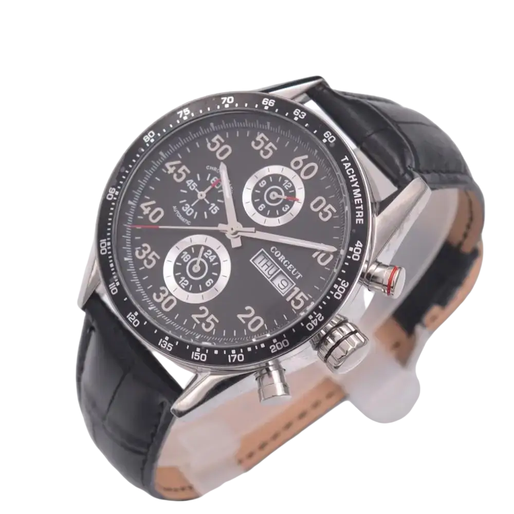 Corgeut men automatic mechanical leather watch with black leather strap silver case black dial and chronograph subdials