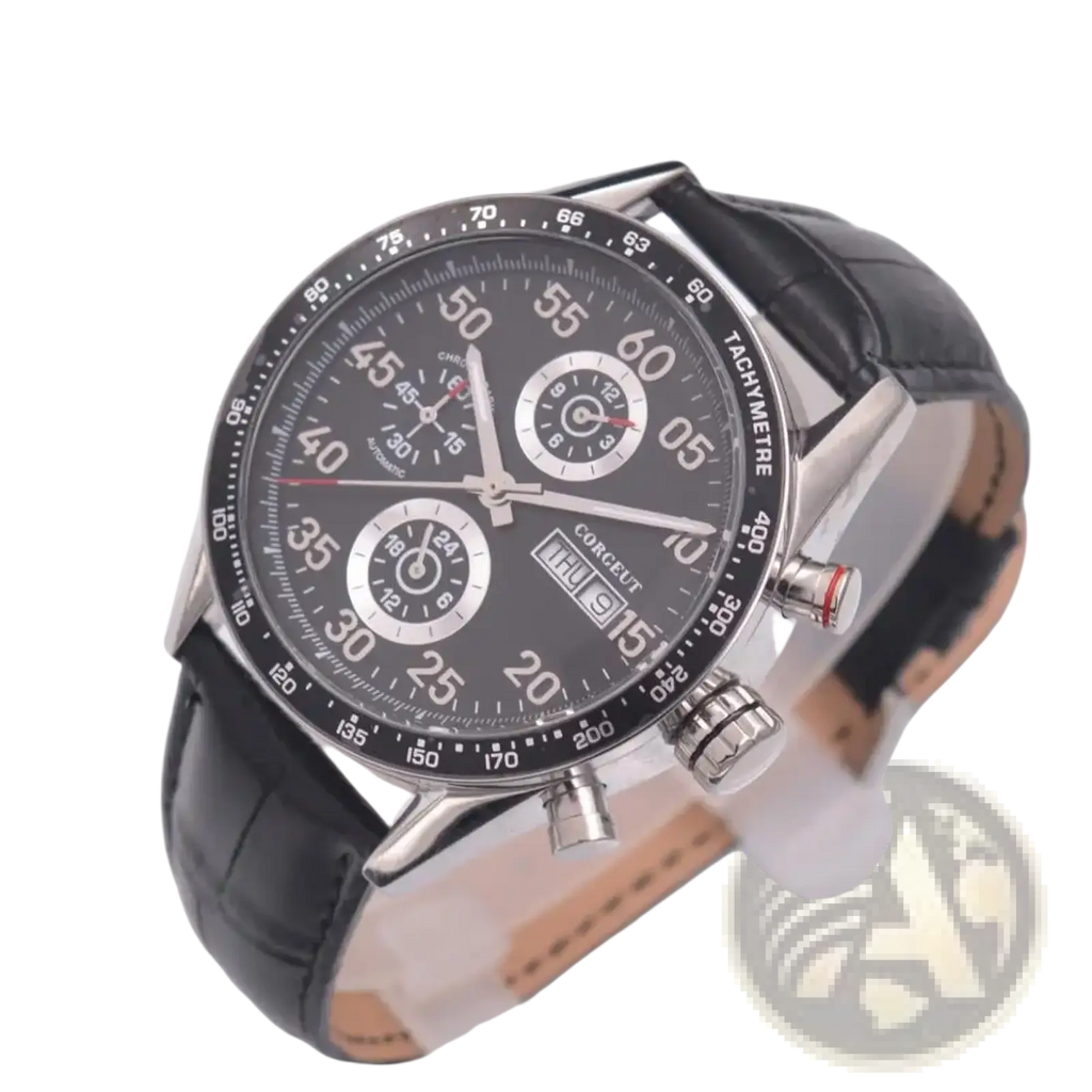 Corgeut men automatic mechanical leather watch with black leather strap silver case black dial and chronograph subdials