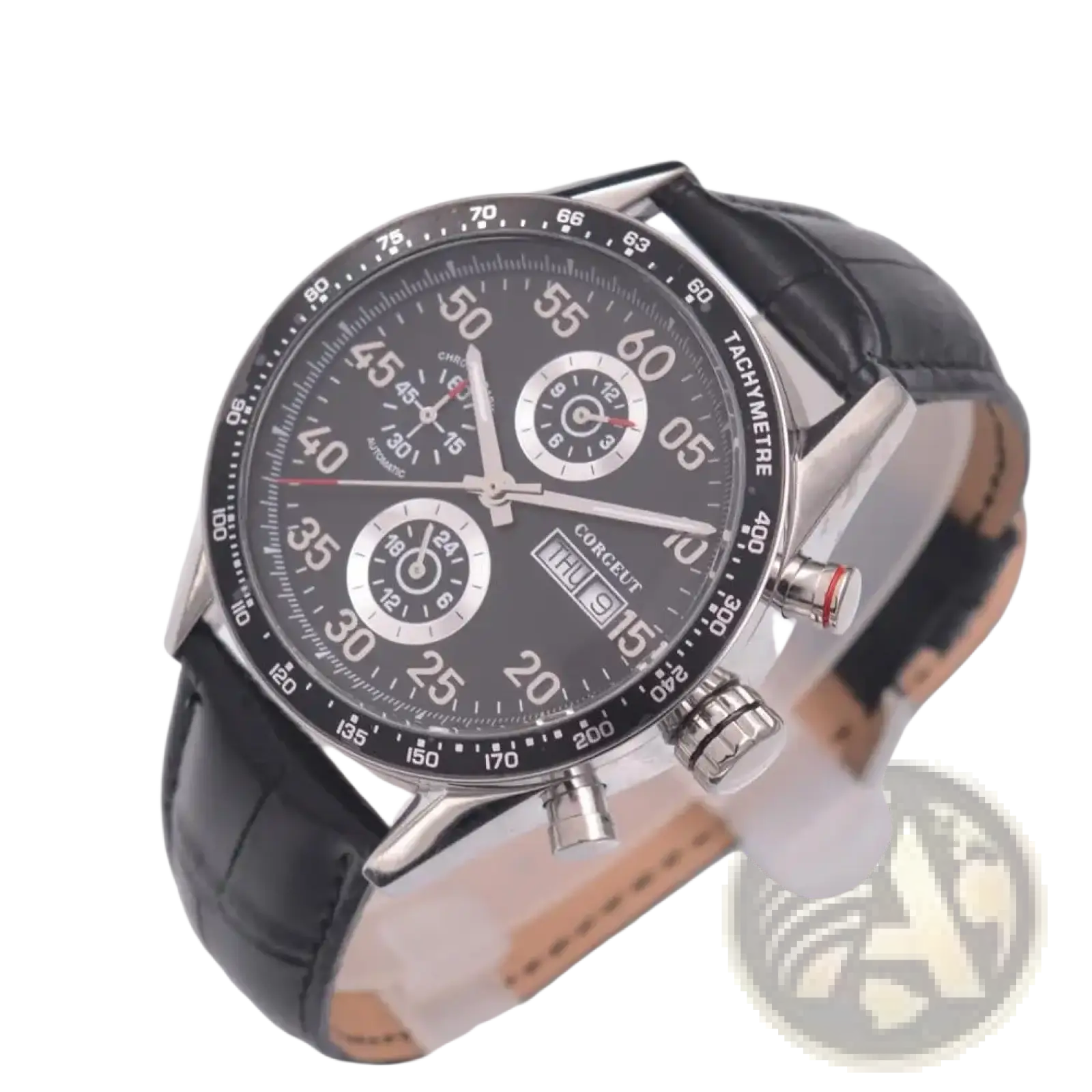 Corgeut men automatic mechanical leather watch with black leather strap silver case black dial and chronograph subdials