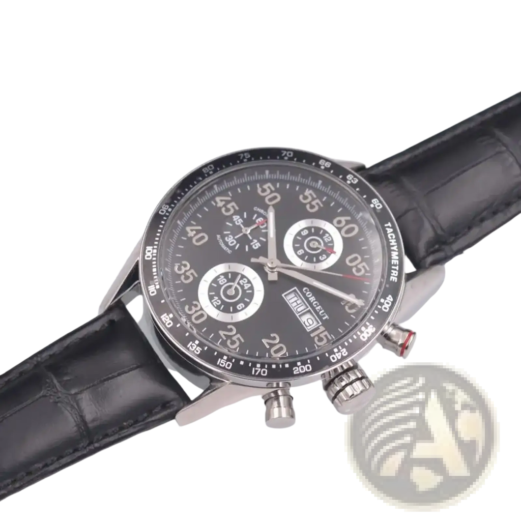 Corgeut men automatic mechanical leather watch with black leather strap silver case and black dial tachymeter scale