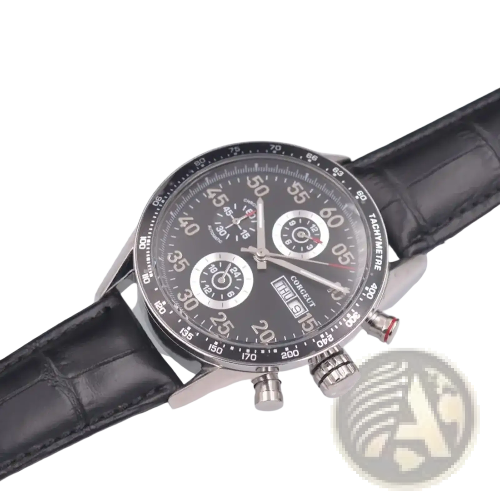 Corgeut men automatic mechanical leather watch with black leather strap silver case and black dial tachymeter scale