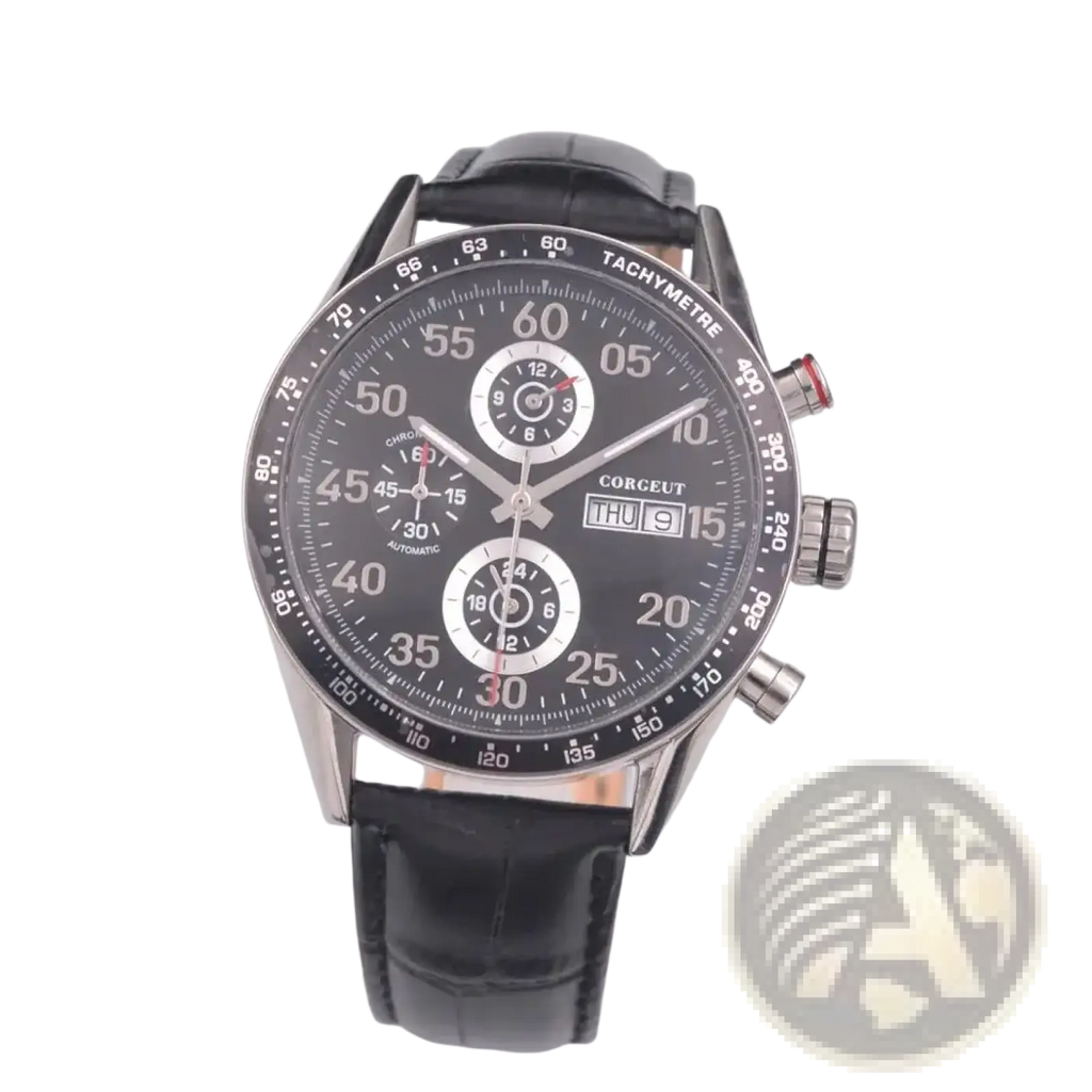 Corgeut men automatic mechanical watch with black leather strap silver case black dial and white markings chronograph