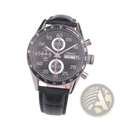 Corgeut men automatic mechanical watch with black leather strap silver case black dial and white markings chronograph