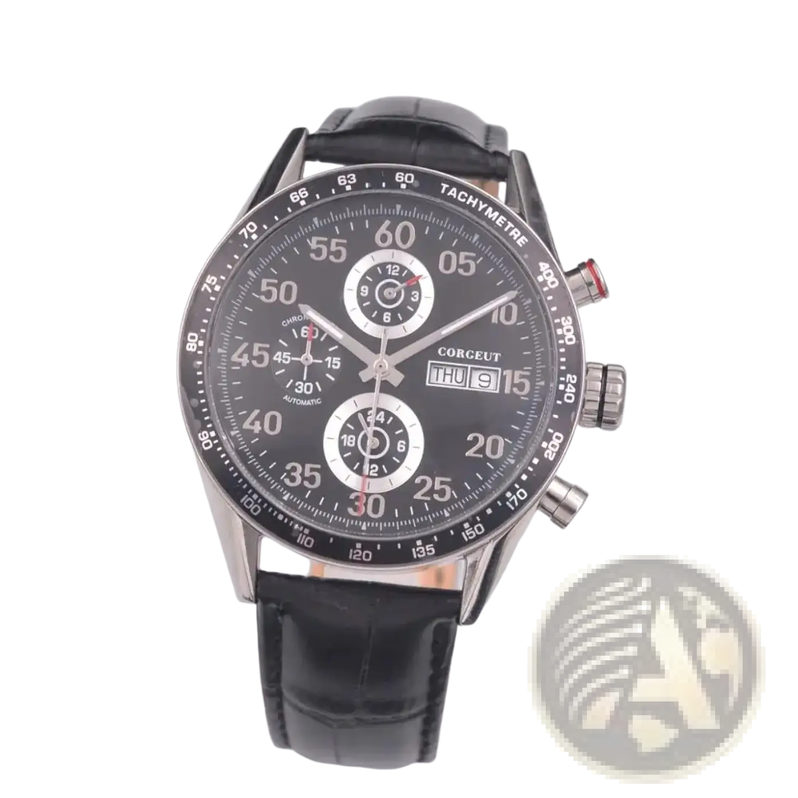 Corgeut men automatic mechanical watch with black leather strap silver case black dial and white markings chronograph