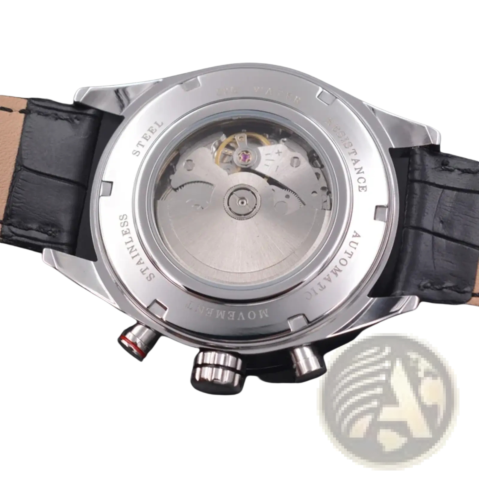 Silver stainless steel corgeut men automatic mechanical watch with visible movement and black leather strap