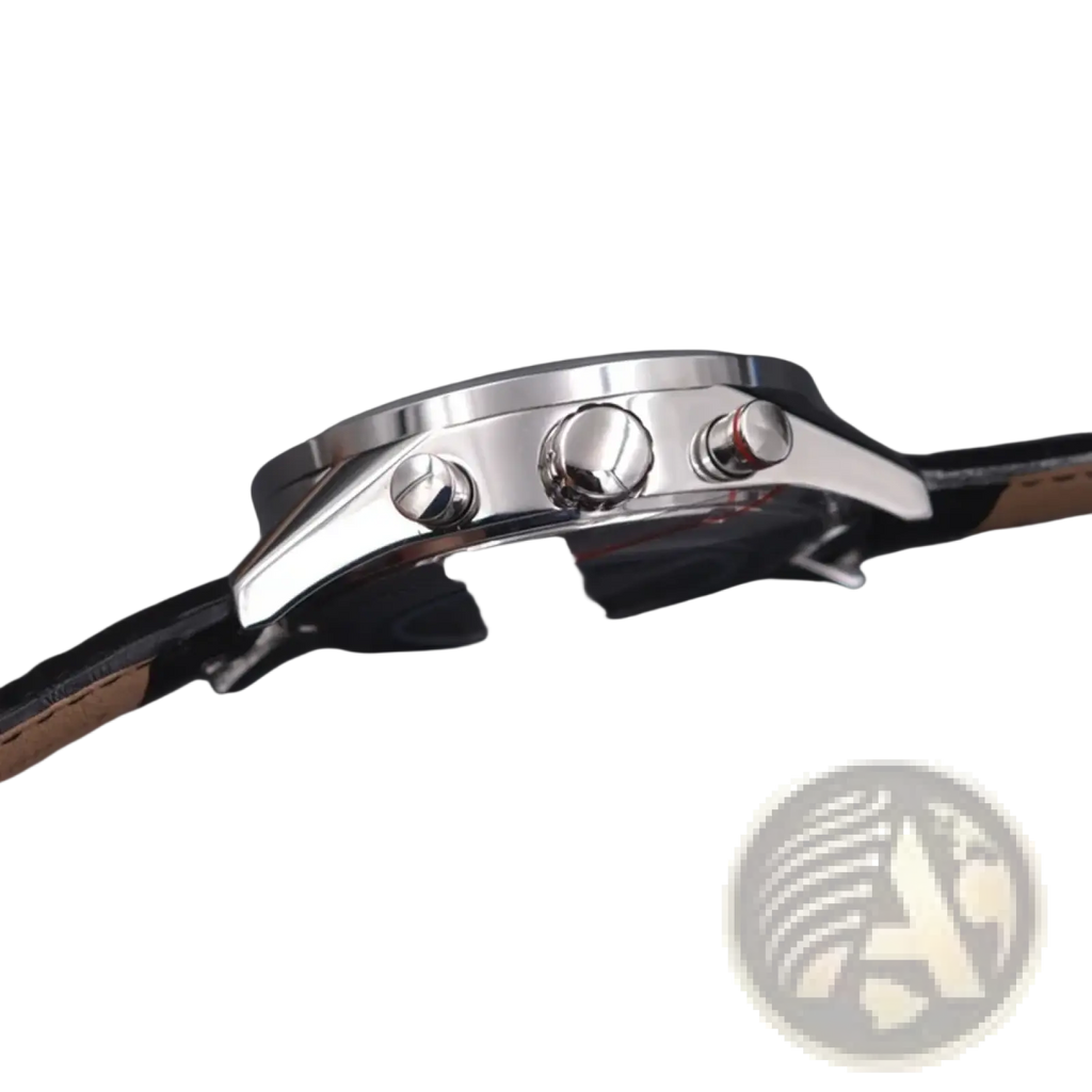 Corgeut men automatic mechanical chronograph watch with silver-toned polished metal case and black leather strap
