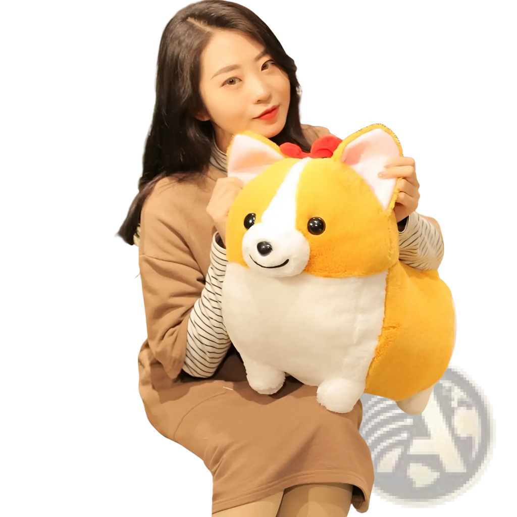 Corgi plush toy stuffed animal with yellow and white fur black button eyes and a red bow ribbon on its head