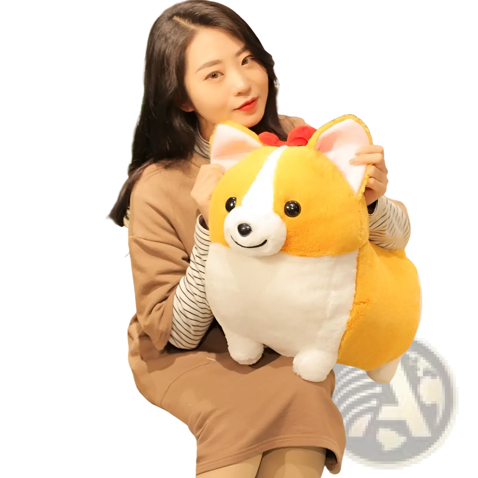 Corgi plush toy stuffed animal with yellow and white fur black button eyes and a red bow ribbon on its head